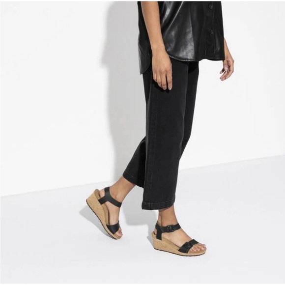 Birkenstock Papillio Soley Wedge Sandal Black Leather Ankle Strap Size 38 - Picture 3 of 10